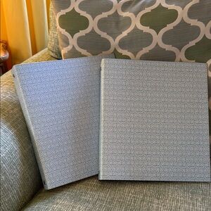 Two light blue, Greek key design binders. Target greenroom. 1 1/2 inch